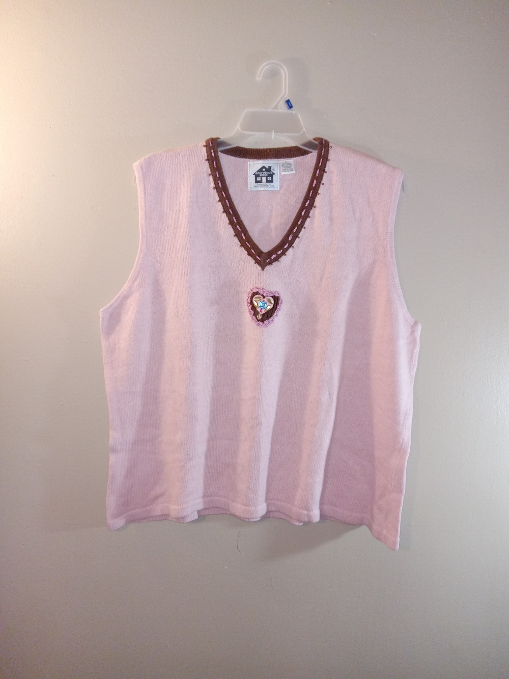 Storybook Knits Pink Sleeveless V-Neck Knit Vest with Heart Applique